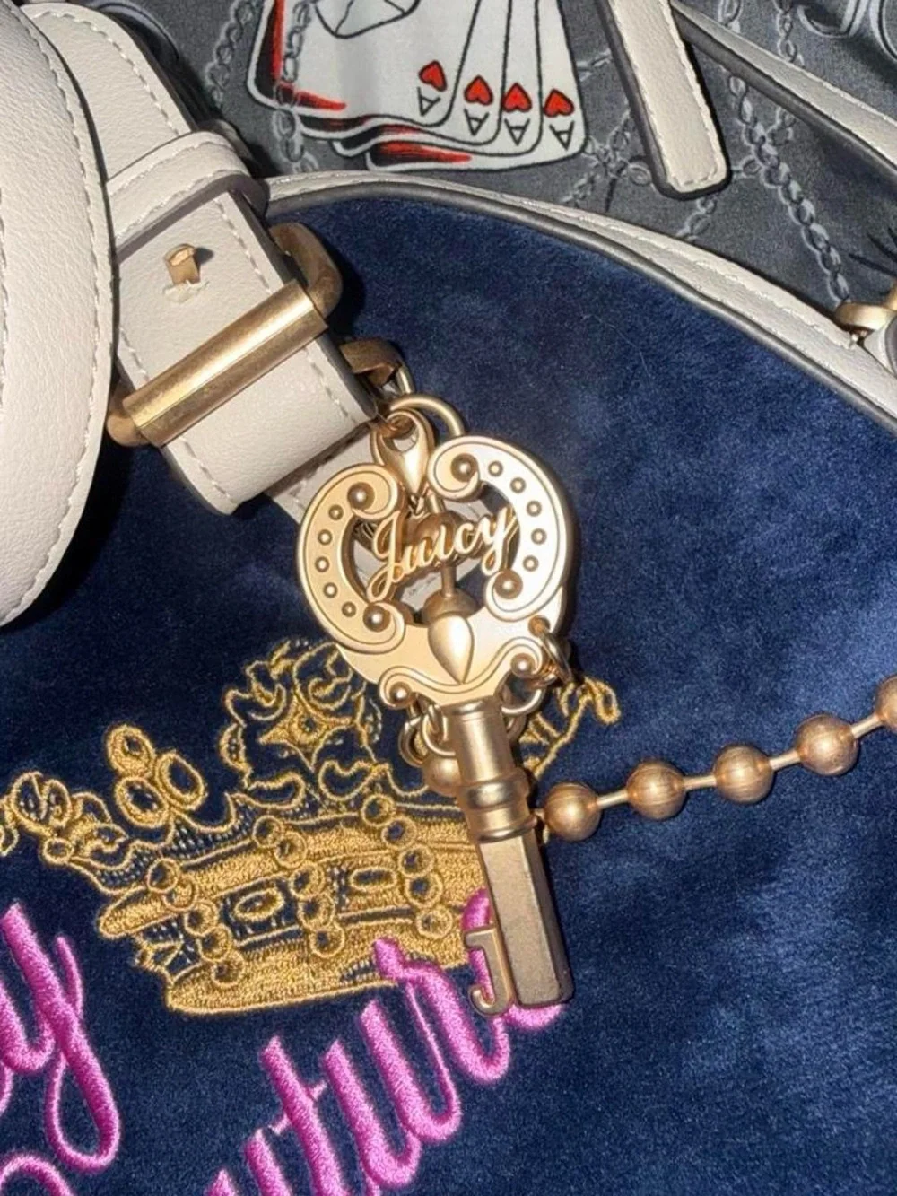 Juicy Couture Navy Velvet Satchel with White Trim and Pink Logo